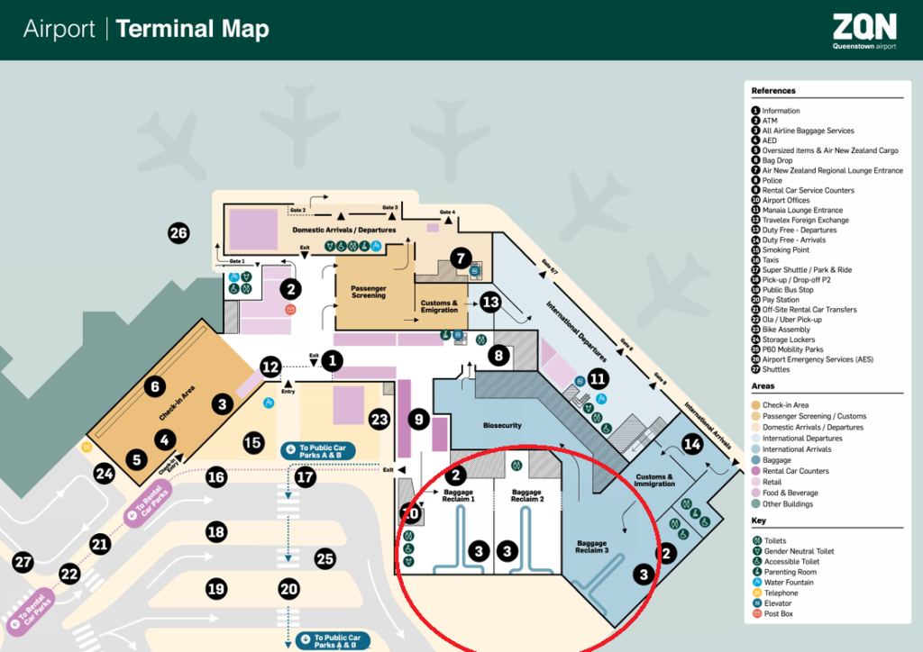 queenstown-airport-terminal-map_2024クイーンズタウン空港地図。バゲッジクレーム